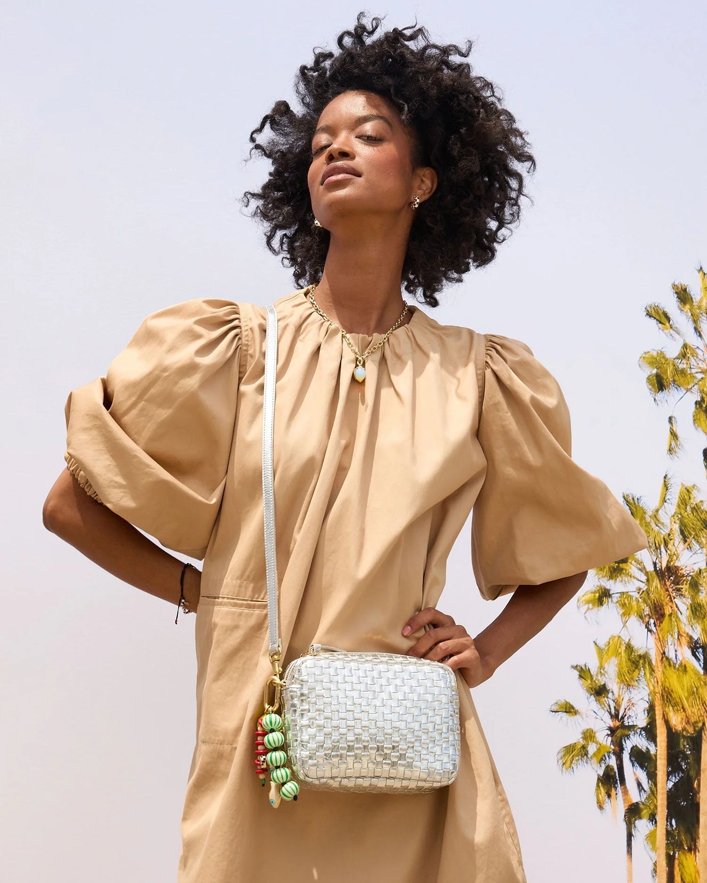 CLARE V Midi Sac Silver Specchio Woven