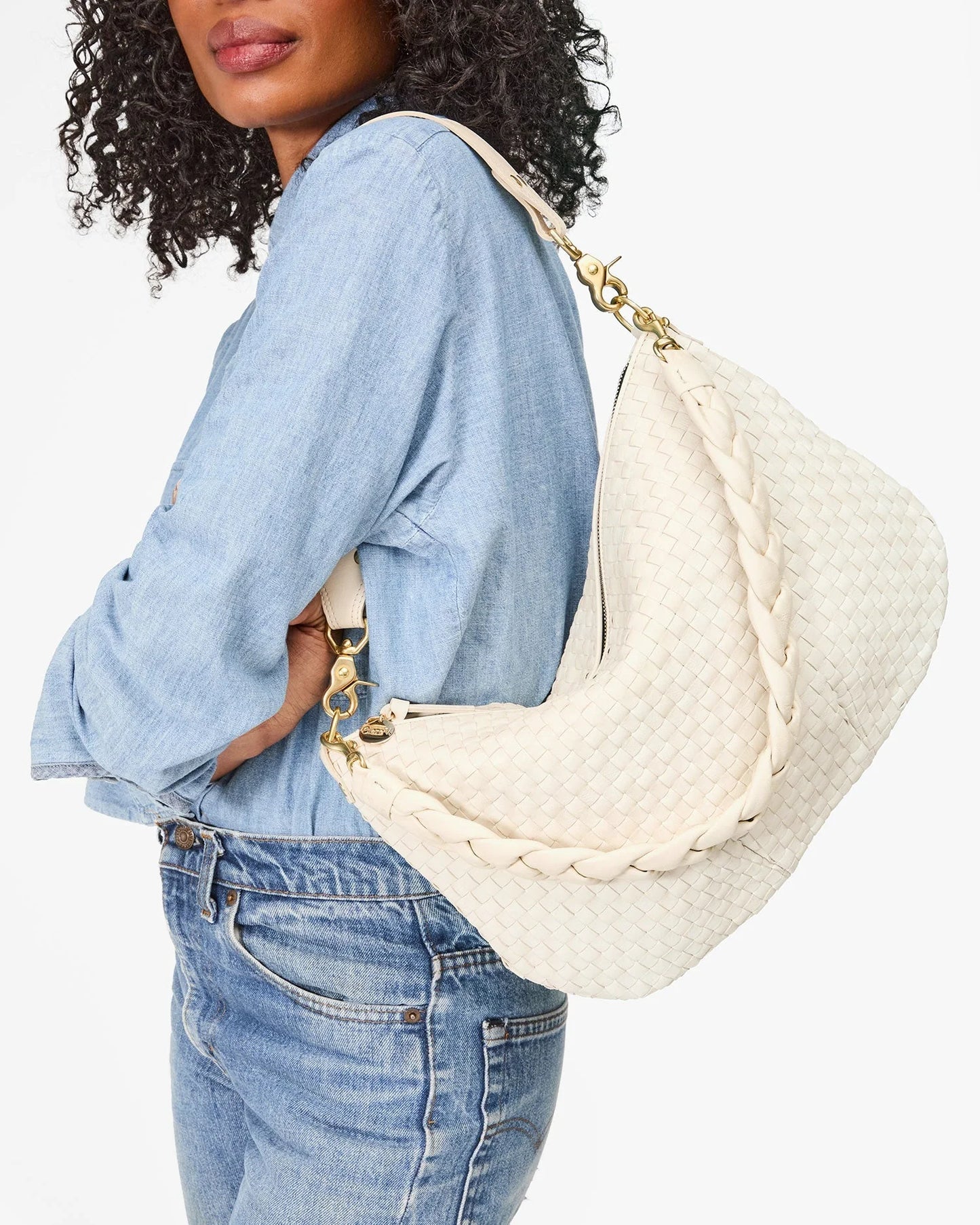 CLARE V Moyen Messenger Cream Woven Checker