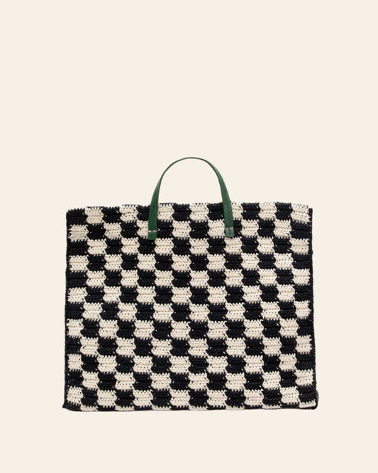 CLARE V Summer Simple Tote Black & Cream Crochet Checker